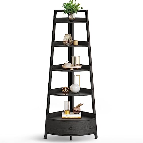 Seventable Corner Shelf with Drawer, 5-Tier Corner Bookshelf, Freestanding Corner Shelf Unit, Black Corner Bookcase, Corner Plant Stand for Living Room, Kitchen, Home Office