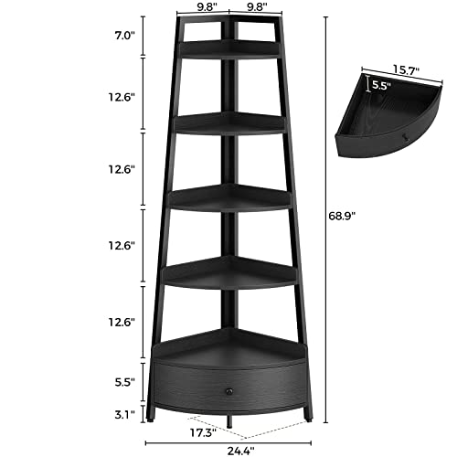 Seventable Corner Shelf with Drawer, 5-Tier Corner Bookshelf, Freestanding Corner Shelf Unit, Black Corner Bookcase, Corner Plant Stand for Living Room, Kitchen, Home Office