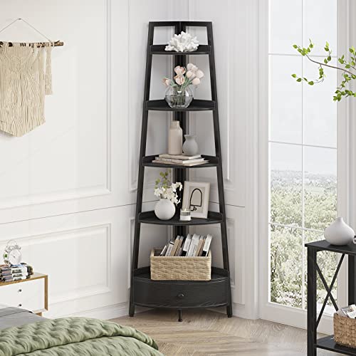 Seventable Corner Shelf with Drawer, 5-Tier Corner Bookshelf, Freestanding Corner Shelf Unit, Black Corner Bookcase, Corner Plant Stand for Living Room, Kitchen, Home Office