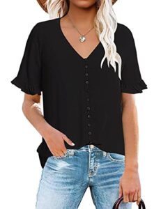 luvamia women's v neck button down shirts ruffle short sleeve blouses cute summer tops black size large size 12 size 14