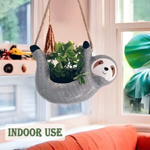 AIPOGOOIN Sloth Hanging Planters Pots Indoor for Succulent Air Plants Cactus Ceramic Cute Flower Pot Holder Outdoor Gardening Gifts for Women Plant Lovers
