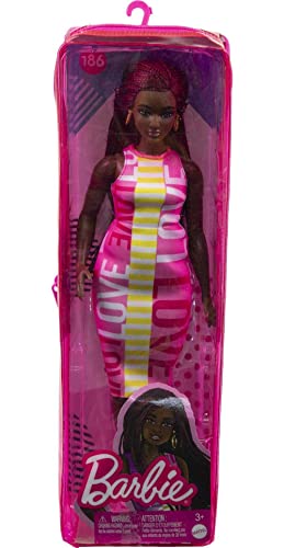 Barbie Fashionistas Doll #189 with Curvy Body, Crimson Braids, Sleeveless Love Dress & Hoop Earring Accessory