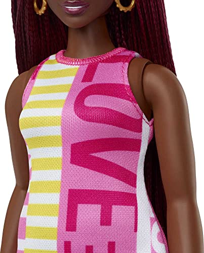 Barbie Fashionistas Doll #189 with Curvy Body, Crimson Braids, Sleeveless Love Dress & Hoop Earring Accessory