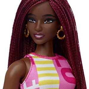 Barbie Fashionistas Doll #189 with Curvy Body, Crimson Braids, Sleeveless Love Dress & Hoop Earring Accessory