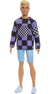 barbie fashionistas ken fashion doll #191 with blonde cropped hair in checkered sweater, denim shorts & white sneakers