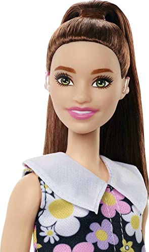 Barbie Fashionistas Doll #187 with Behind-The-Ear Hearing Aids, Brunette Ponytail, Shift Dress & Pink Boots