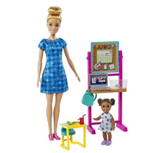 barbie careers doll & playset, teacher theme with blonde fashion doll, 1 brunette toddler doll, furniture & accessories