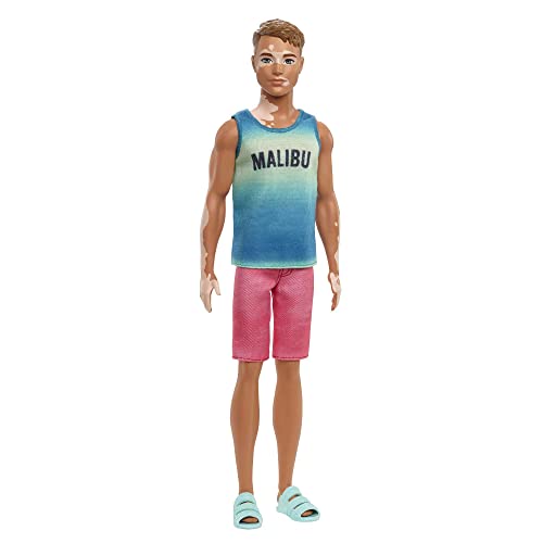 Barbie Fashionistas Ken Fashion Doll #192 with Brunette Cropped Hair & Vitiligo in Malibu Tank, Shorts & Sandals