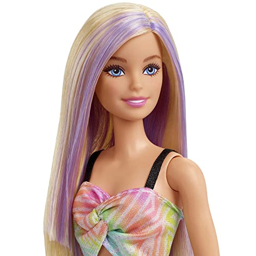 Barbie Fashionistas Doll #190 with Purple-Streaked Blonde Hair, Romper Dress, Yellow Wedge Sneakers & Bracelet Accessory