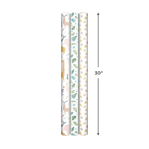 Hallmark Recycled Baby Wrapping Paper with Cutlines on Reverse (3 Rolls: 60 Sq. Ft. Total) Animals, Plants, Rainbows for Baby Showers, Gender Reveal Parties, First Birthdays