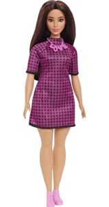 barbie fashionistas doll #188 with curvy shape, black hair, checkered dress, pink sneakers & necklace accessory