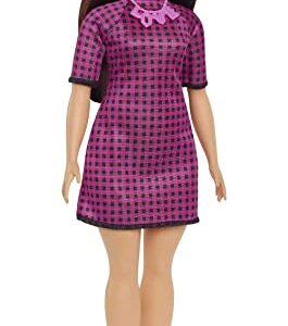 Barbie Fashionistas Doll #188 with Curvy Shape, Black Hair, Checkered Dress, Pink Sneakers & Necklace Accessory