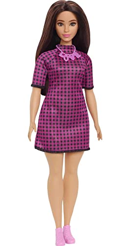 Barbie Fashionistas Doll #188 with Curvy Shape, Black Hair, Checkered Dress, Pink Sneakers & Necklace Accessory