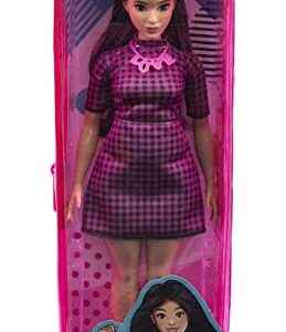 Barbie Fashionistas Doll #188 with Curvy Shape, Black Hair, Checkered Dress, Pink Sneakers & Necklace Accessory