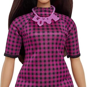 Barbie Fashionistas Doll #188 with Curvy Shape, Black Hair, Checkered Dress, Pink Sneakers & Necklace Accessory