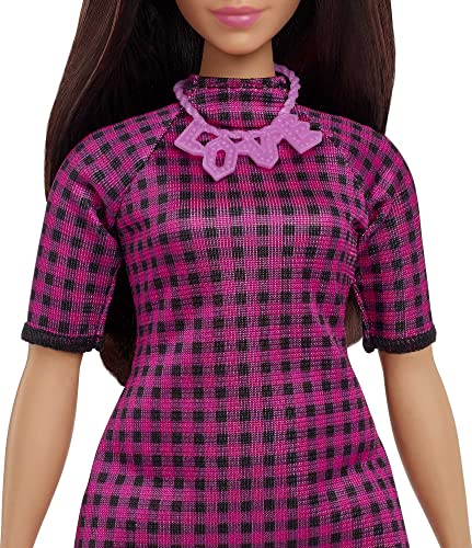 Barbie Fashionistas Doll #188 with Curvy Shape, Black Hair, Checkered Dress, Pink Sneakers & Necklace Accessory