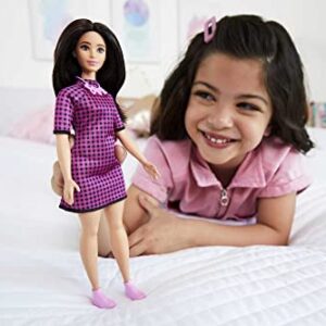 Barbie Fashionistas Doll #188 with Curvy Shape, Black Hair, Checkered Dress, Pink Sneakers & Necklace Accessory