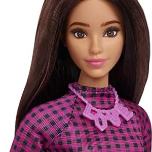 Barbie Fashionistas Doll #188 with Curvy Shape, Black Hair, Checkered Dress, Pink Sneakers & Necklace Accessory