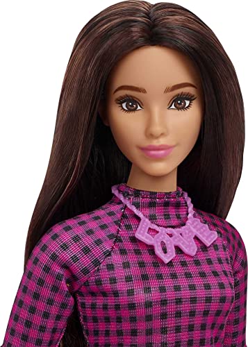 Barbie Fashionistas Doll #188 with Curvy Shape, Black Hair, Checkered Dress, Pink Sneakers & Necklace Accessory