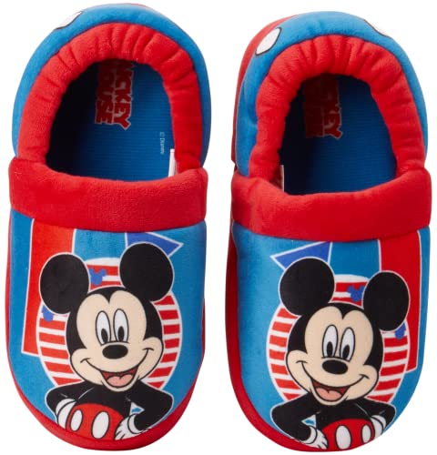 Disney Boys’ Mickey Mouse Slippers – Cozy Plush Fuzzy Slippers: Non-Slip, Non-Skid Slippers for Boys (Toddler/Little Kid), Size 11-12, Blue Red Mickey