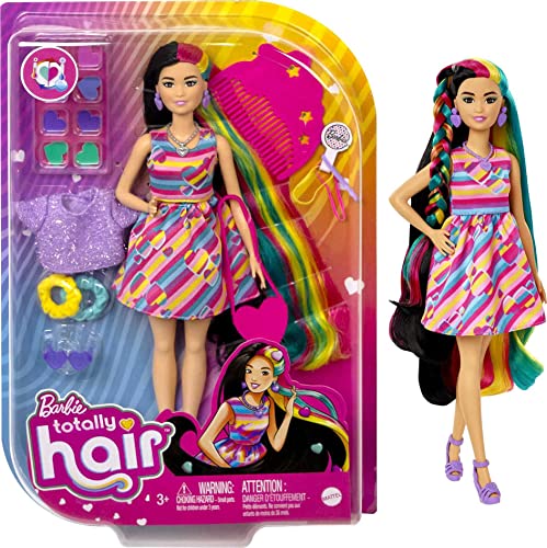 Barbie Totally Hair Doll, Heart-Themed with 8.5-Inch Fantasy Hair & 15 Styling Accessories (8 with Color-Change Feature)