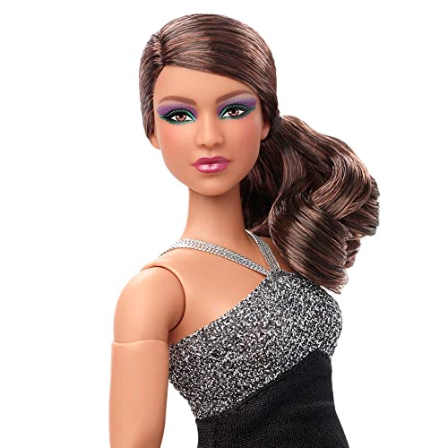 Barbie Looks Doll, Collectible & Posable with Wavy Brown Hair & Curvy Body Type, Silvery & Black Halter Dress