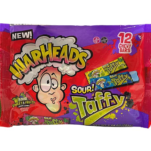 Warheads Sour Taffy Chewy Candies, Individually Wrapped Fruit Flavored Chews in Watermelon, Blue Raspberry, and Green Apple, Party Supplies and Favors for Birthdays, Gender Reveals, and More, 3.59 Ounces