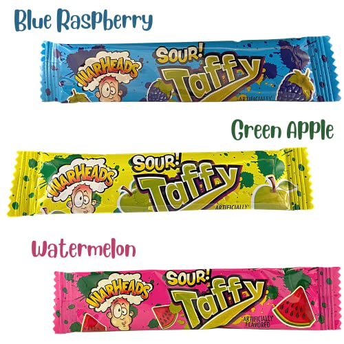 Warheads Sour Taffy Chewy Candies, Individually Wrapped Fruit Flavored Chews in Watermelon, Blue Raspberry, and Green Apple, Party Supplies and Favors for Birthdays, Gender Reveals, and More, 3.59 Ounces