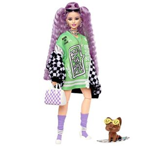 barbie extra doll & accessories with crimped lavendar hair & brown eyes, 15 toy pieces include pet puppy
