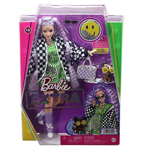 Barbie Extra Doll & Accessories with Crimped Lavendar Hair & Brown Eyes, 15 Toy Pieces Include Pet Puppy