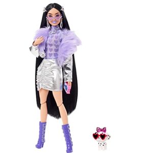 barbie extra doll and accessories with black hair, lavender lips, metallic silver jacket and pet dalmatian puppy