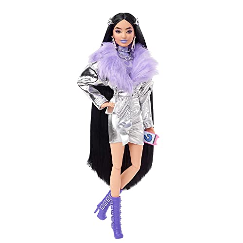 Barbie Extra Doll and Accessories with Black Hair, Lavender Lips, Metallic Silver Jacket and Pet Dalmatian Puppy