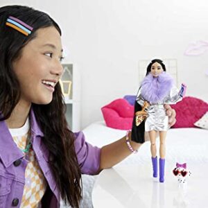 Barbie Extra Doll and Accessories with Black Hair, Lavender Lips, Metallic Silver Jacket and Pet Dalmatian Puppy