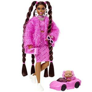barbie extra doll & accessories with long brunette styled hair in pink 2-piece outfit with sparkly jacket & pet puppy