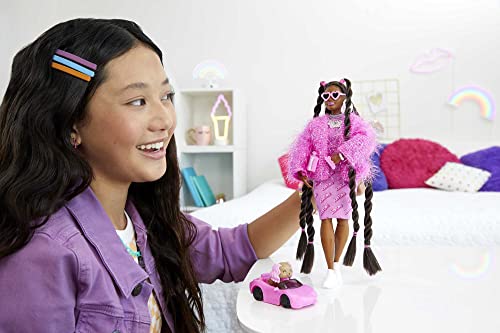 Barbie Extra Doll & Accessories with Long Brunette Styled Hair in Pink 2-Piece Outfit with Sparkly Jacket & Pet Puppy