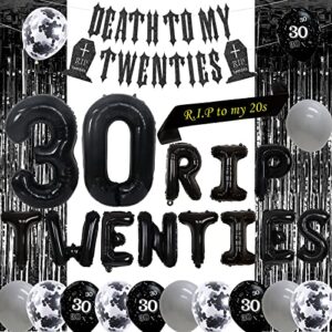 30th birthday decorations for women or men black rip twenties balloon, death to my twenties banner, rip to my 20s sash for her or him funny thirty birthday party supplies