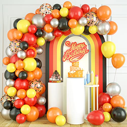 FEYG Yellow Orange Balloon Arch Kit, Black and Red Balloon Garland Kit, 83Pcs Balloon Garland Arch Kit with Confetti Balloons Metallic Silver Balloons for Outdoor Indoor Party Decoration Supplies