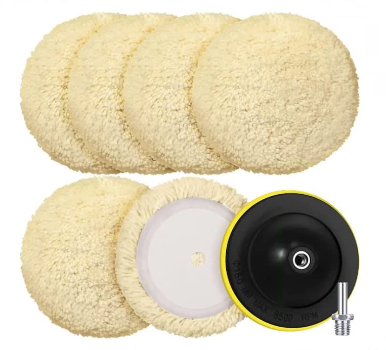 6 Pieces Wool Buffing Pads Polishing Pads Cutting Pads Hook Loop Polishing Pad for Compound, Cutting and Polishing Car Polishing Pad Backing Plate (8 Inch)