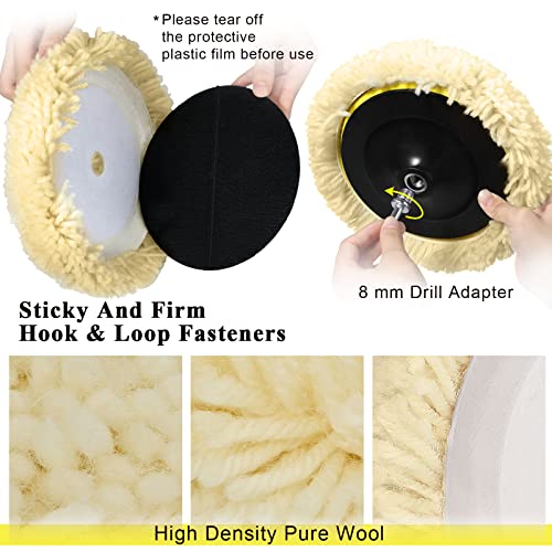 6 Pieces Wool Buffing Pads Polishing Pads Cutting Pads Hook Loop Polishing Pad for Compound, Cutting and Polishing Car Polishing Pad Backing Plate (8 Inch)