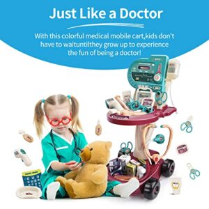 Deejoy Toy Doctor Kit for Kids , Pretend Medical Station Set for Boys & Girls，24 Accessories Mobile Cart with Lights, Eye Chart,, Thermometer, Stethoscope, Pulse Machine，Great Gift for Toddlers