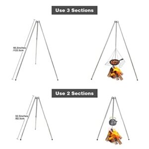 Lineslife Campfire Tripod Grill for Cooking, Durable Stainless Steel Camping Fire Tripod Grill with Grill Grate and Carrying Bag for Outdoor BBQ, Silver