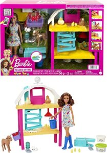 barbie doll & playset, hatch & gather egg farm with hatching molds & dough, chicken coop, 10 animals & accessories, brunette doll