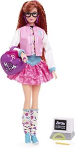 barbie rewind doll, '80s edition schoolin' around outfit with varsity jacket, acid-washed skirt and rad accessories