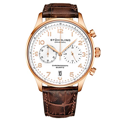 Stuhrling Original Mens Quartz Chronograph Dress Watch - Stainless Steel Case and Leather Band - Analog Dial with Date GR1-Q Mens Watches Collection