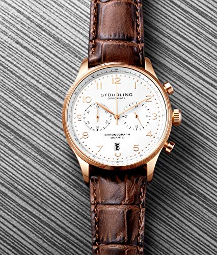 Stuhrling Original Mens Quartz Chronograph Dress Watch - Stainless Steel Case and Leather Band - Analog Dial with Date GR1-Q Mens Watches Collection