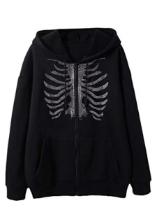 makemechic women's plus size casual pockets skeleton zip up hoodie sweatshirt black 3xl
