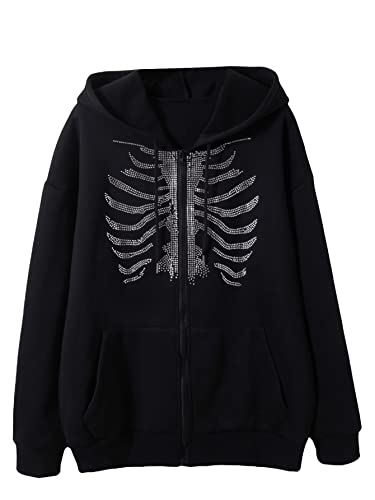 MakeMeChic Women's Plus Size Casual Pockets Skeleton Zip Up Hoodie Sweatshirt Black 3XL