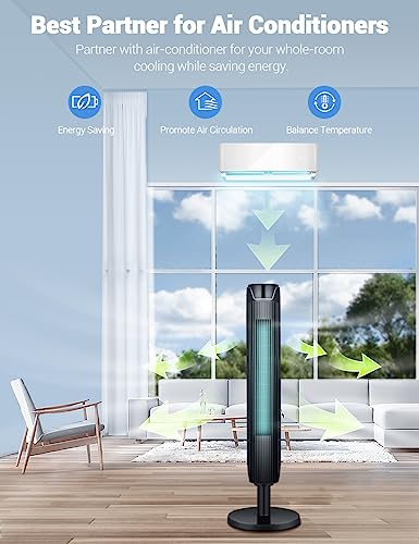 Aikoper Tower Fan, 42 Inch Bladeless Cooling Fans with Remote and Built-in 7Hrs Timer, 3 Modes and LED Display,Quiet Standing Fans for Home and Office