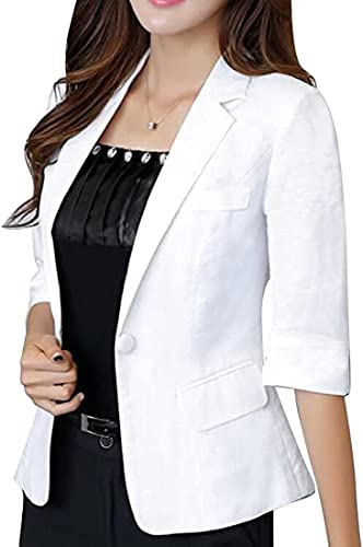 Jofemuho Linen Blazer Women Blazers for Work Casual Business Solid Color 3/4 Sleeve Summer Blazer Jackets Suit Coat White