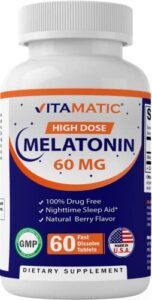 vitamatic melatonin 60mg fast dissolve tablets - 60 vegan natural berry flavor tablets - non-habit forming - non-gmo, gluten free (1 bottle)
